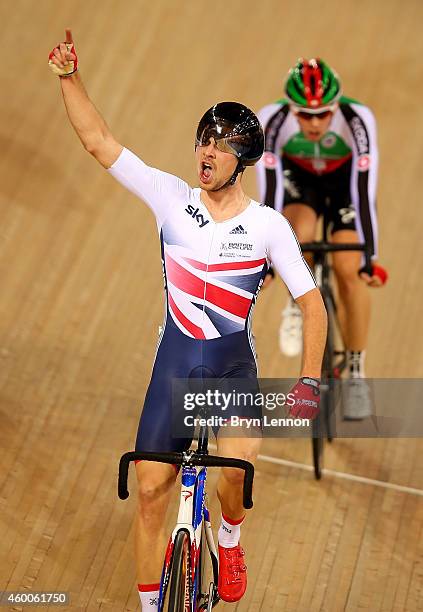 Owain Doull of Great Britain celebrates after he won the Men's Madison Final with teammate Mark Christian on day two of the UCI Track Cycling World...