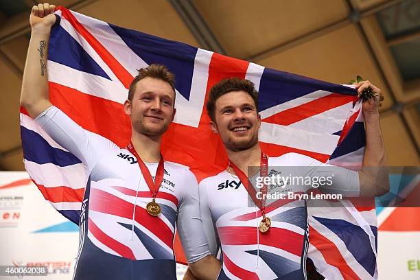 Mark Christian and Owain Doull of Great Britain celebrate winning the Men's Madison Final on day two of the UCI Track Cycling World Cup at the Lee...