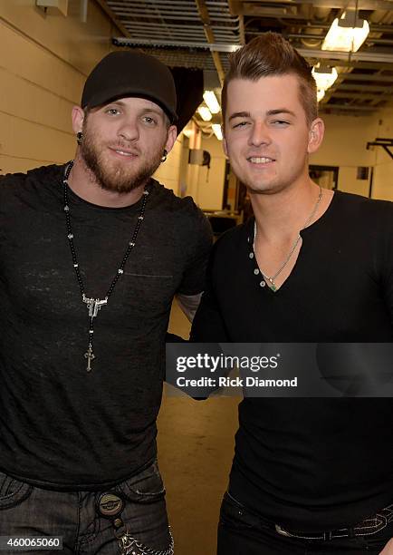 Singer/Songwriter Brantley Gilbert with Recording Artist Chase Bryant Backstage during Brantley Gilberts "Let it Ride Tour" stop at Bridgestone Arena...