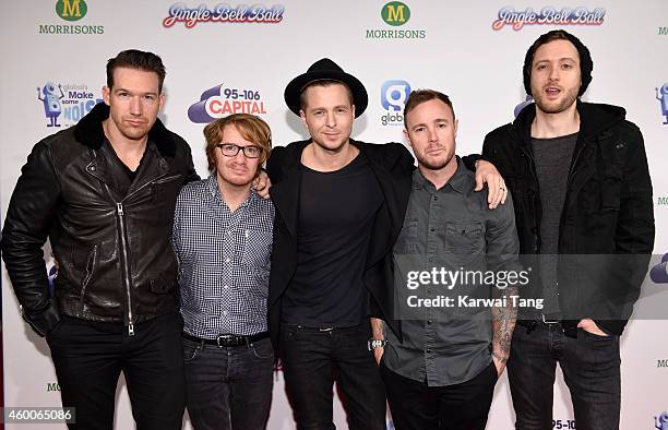 Zach Filkins, Drew Brown, Ryan Tedder, Eddie Fisher and Brent Kutzle of One Republic attend the Jingle Bell Ball at 02 Arena on December 6, 2014 in...