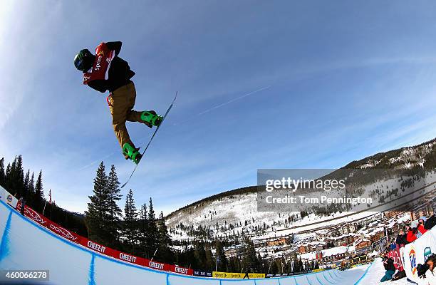 Taylor Gold competes in the final round of the FIS Freestyle Snowboard World Cup 2015 men's snowboard halfpipe during the USSA Grand Prix on December...