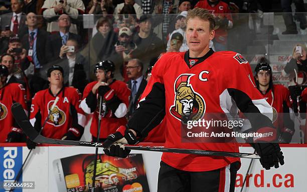 Daniel Alfredsson of the Ottawa Senators looks on during his retirement ceremony prior to a game against the New York Islanders at Canadian Tire...