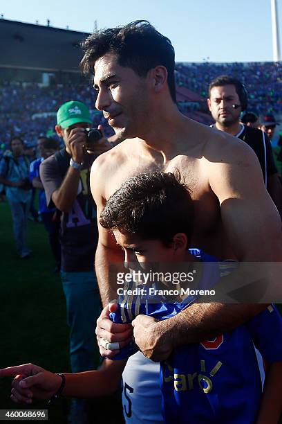 Johnny Herrera goalkeeper of U de Chile celebrates the championship after the victory in a match between Universidad de Chile and La Calera as part...