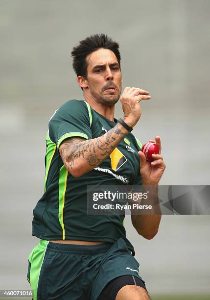 Mitchell Johnson of Australia bowls during an Australian nets session at Adelaide Oval on December 7, 2014 in Adelaide, Australia.