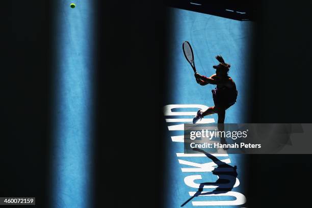Lauren Davis of the USA plays a backhand during her quarterfinal match against Jamie Hampton of the USA on day four of the ASB Classic at the ASB...