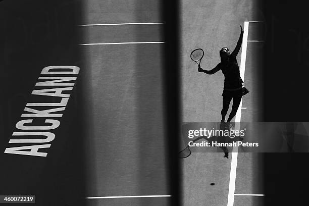 Jamie Hampton of the USA serves during her quarterfinal match against Lauren Davis of the USA on day four of the ASB Classic at the ASB Tennis Centre...