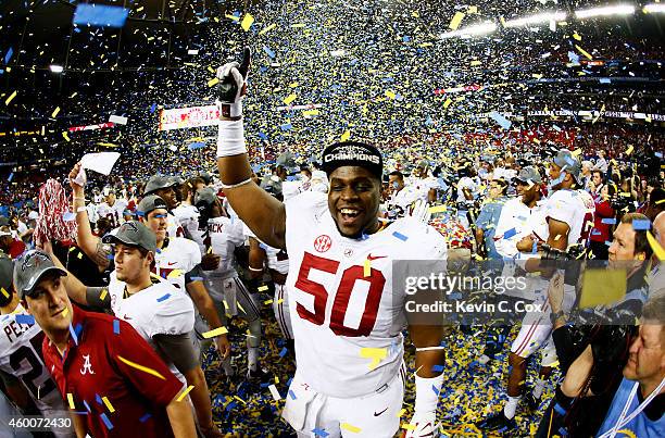 Alphonse Taylor of the Alabama Crimson Tide celebrates their 42 to 13 win over the Missouri Tigers in the SEC Championship game at the Georgia Dome...