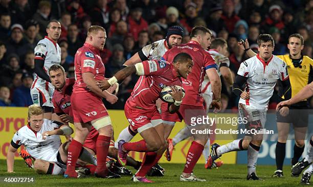 Michael Tagicakibau of Scarlets in action during the European Rugby Champions Cup match between Ulster Rugby and Scarlets at the Kingspan Stadium on...