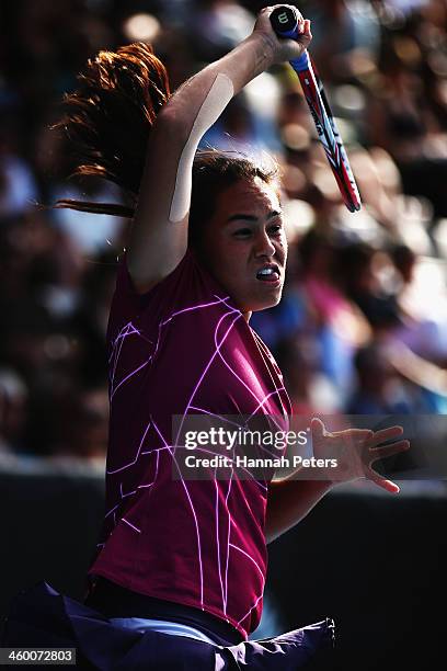 Jamie Hampton of the USA plays a forehand during her quarterfinal match against Lauren Davis of the USA on day four of the ASB Classic at the ASB...