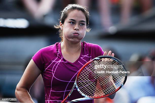 Jamie Hampton of the USA shows her relief after winning her quarterfinal match against Lauren Davis of the USA on day four of the ASB Classic at the...