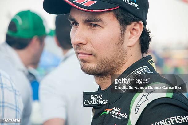 Mexican driver of Formula one Sergio "Checo" Pérez gets ready to participate in a race as part of the Grand Prix International Wings Army kart at...