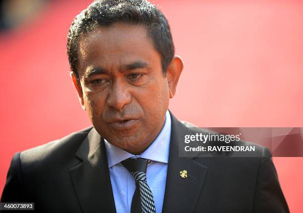 Maldives President Abdulla Yameen Abdul Gayoom addresses media representatives during a welcome ceremonial at The Presidential Palace in New Delhi on...