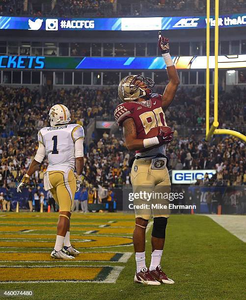 Rashad Greene of the Florida State Seminoles gives thanks for a 2nd quarter touchdown against the Georgia Tech Yellow Jackets during the ACC...