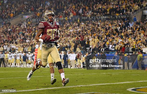 Rashad Greene of the Florida State Seminoles crosses the goal line for a 1st half touchdown against the Georgia Tech Yellow Jackets during the ACC...