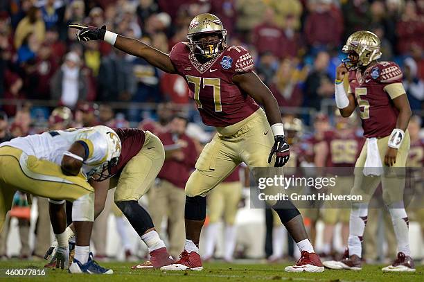 Roderick Johnson of the Florida State Seminoles calls out his blocking assignment against the Georgia Tech Yellow Jackets in the 2nd half during the...