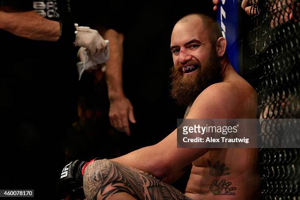 Travis Browne reacts after defeating Brendan Schaub in their fight during the UFC 181 event at the Mandalay Bay Events Center on December 6, 2014 in...