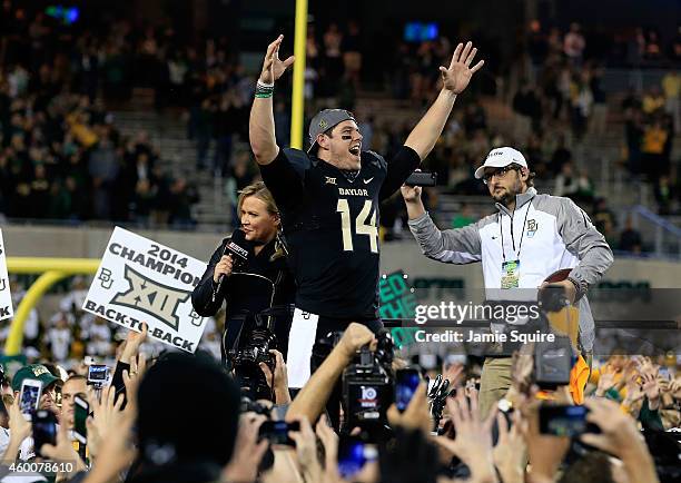 Bryce Petty of the Baylor Bears celebrates following their win over Kansas State Wildcats on December 6, 2014 at McLane Stadium in Waco, Texas.