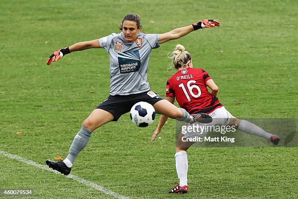Roar goalkeeper Nadine Angerer competes for the ball against Linda O'Neill of the Wanderers during the round 12 W-League match between Western Sydney...