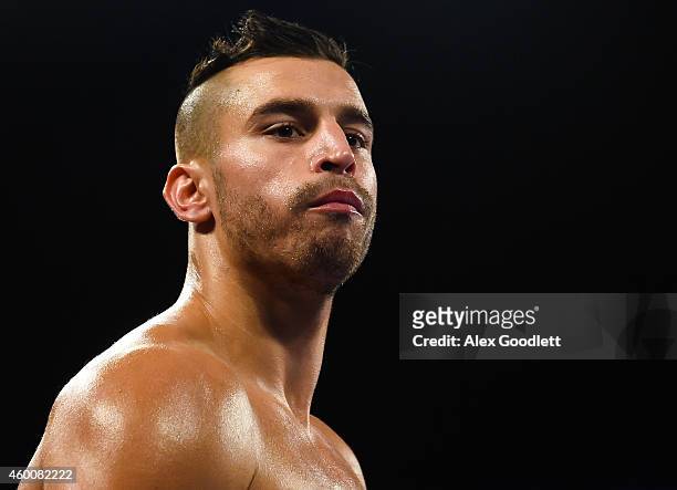 David Lemieux looks on before a NABF MIddleweight title fight against Gabriel Rosado at the Barclays Center on December 6, 2014 in the Brooklyn...