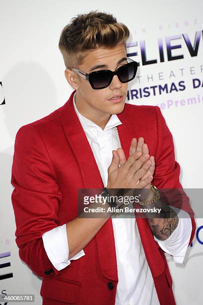 Justin Bieber attends the premiere of Open Road Films' 'Justin Bieber's Believe' at Regal Cinemas L.A. Live on December 18, 2013 in Los Angeles,...