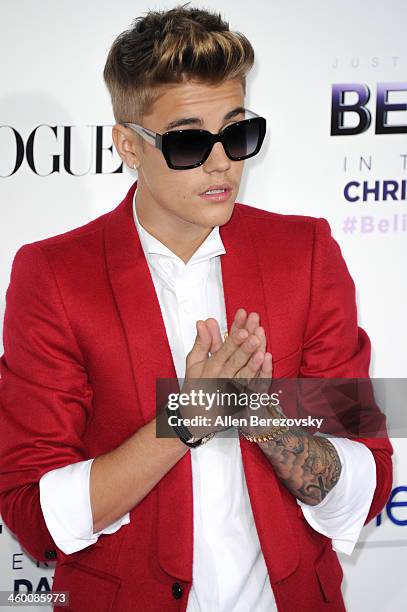 Justin Bieber attends the premiere of Open Road Films' 'Justin Bieber's Believe' at Regal Cinemas L.A. Live on December 18, 2013 in Los Angeles,...