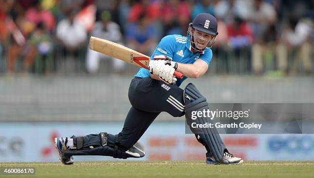 Eoin Morgan of England bats during the 4th One Day International match between Sri Lanka and England at R. Premadasa Stadium on December 7, 2014 in...