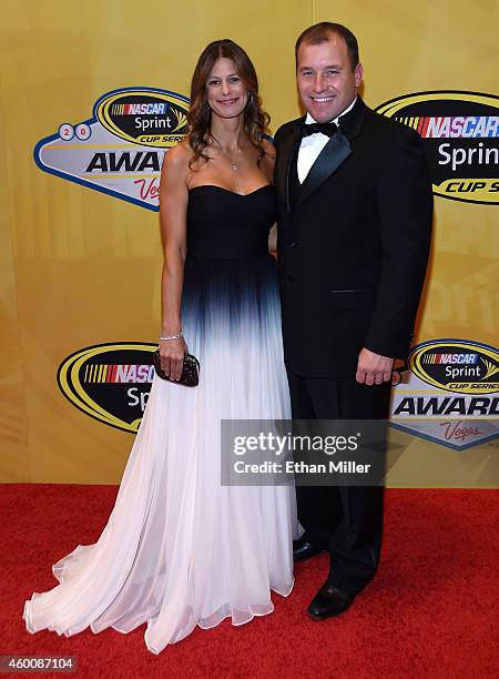 Ryan Newman and his his wife Krissie Newman arrive at the 2014 NASCAR Sprint Cup Series Awards at Wynn Las Vegas on December 5, 2014 in Las Vegas,...