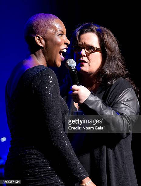 Liv Warfield and Rosie O'Donnell speak onstage during the 4th Annual "Home For The Holidays" Benefit Concert at Beacon Theatre on December 6, 2014 in...