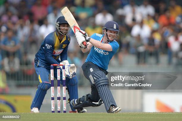 Eoin Morgan of England bats during the 4th One Day International match between Sri Lanka and England at R. Premadasa Stadium on December 7, 2014 in...