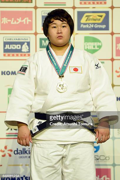 Nami Inamori of Japan poses with her gold medal in the victory ceremony for Women's +78kg during Judo Grand Slam Tokyo 2014 at Tokyo Metropolitan...