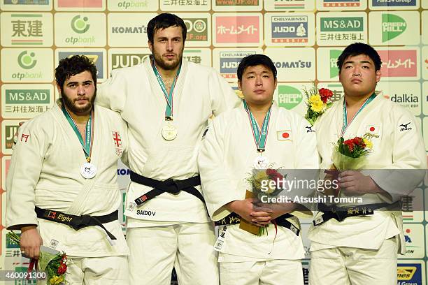 Levani Matiashvili of Georgea , Renat Saidov of Russia , Keita Iwao of Japan and Takeshi Ojitani of Japan pose in the victory ceremony for Men's...