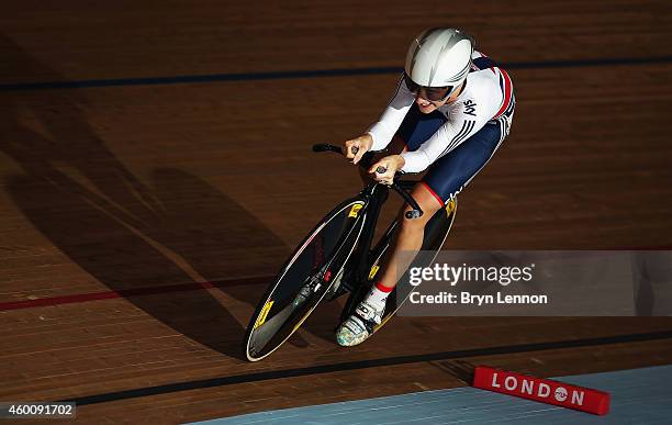 Laura Trott of Great Britain in action in the 500m Time Trial round of the Omnium on day three of the UCI Track Cycling World Cup at the Lee Valley...