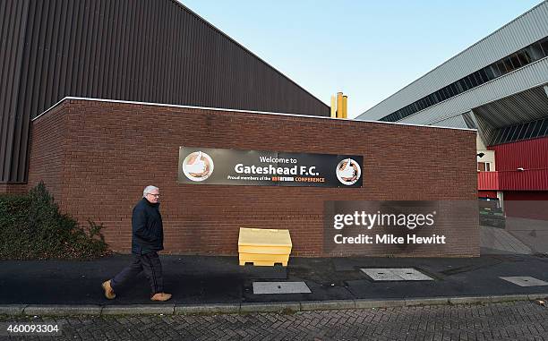 Fan arrives for the FA Cup Second Round tie between at Gateshead FC v and Warrington Town on December 7, 2014 in Gateshead, England.