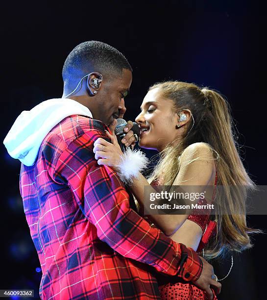 Recording artists Big Sean and Ariana Grande perform onstage during KIIS FM's Jingle Ball 2014 powered by LINE at Staples Center on December 5, 2014...