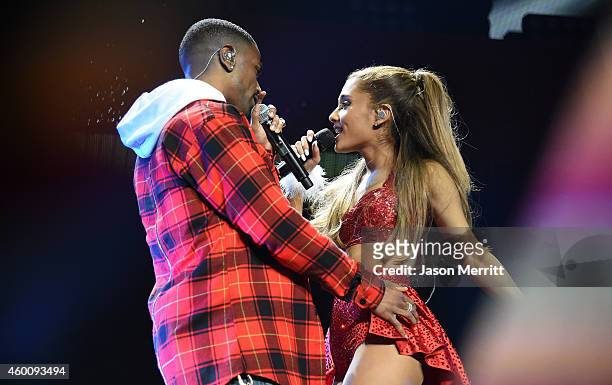 Recording artists Big Sean and Ariana Grande perform onstage during KIIS FM's Jingle Ball 2014 powered by LINE at Staples Center on December 5, 2014...