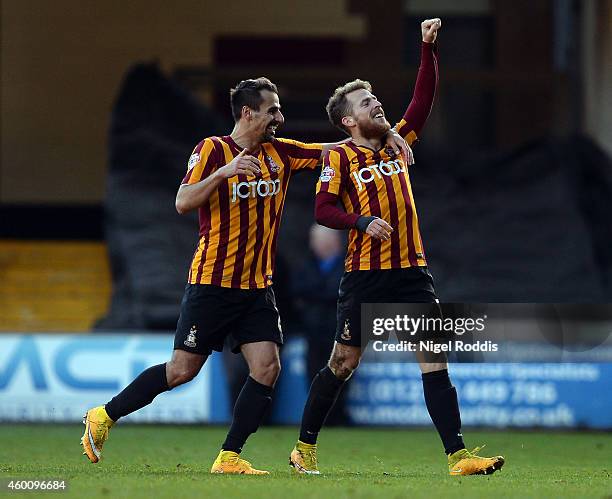 Billy Clarke of Bradford City celebrates scoring with Stephen Darby during the FA Cup Second Round football match between Bradford City and Dartford...