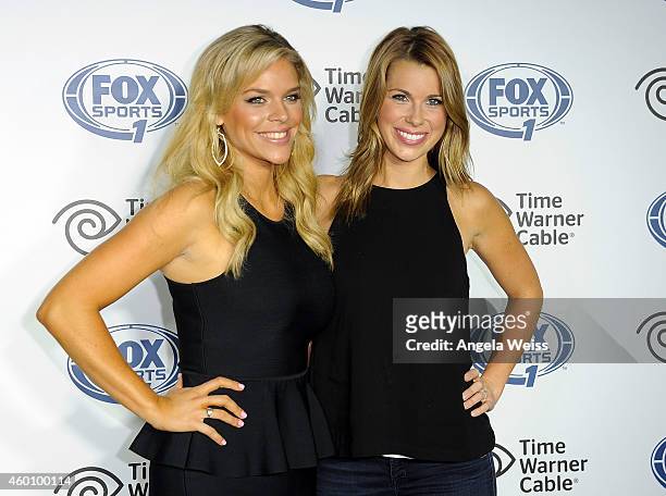Sports 1 reporters Julie Stewart-Binks and Jenny Taft arrive at the FOX Sports 1 Women's World Cup Kickoff event at Hangar 8 on December 6, 2014 in...