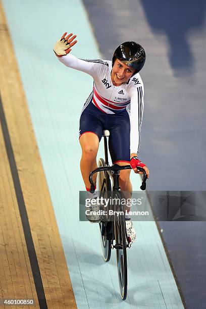 Laura Trott of Great Britain waves to the crowd after winning the Omnium on day three of the UCI Track Cycling World Cup at the Lee Valley Velopark...