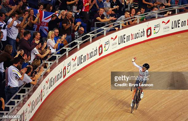 Laura Trott of Great Britain waves to the crowd after winning the Omnium on day three of the UCI Track Cycling World Cup at the Lee Valley Velopark...