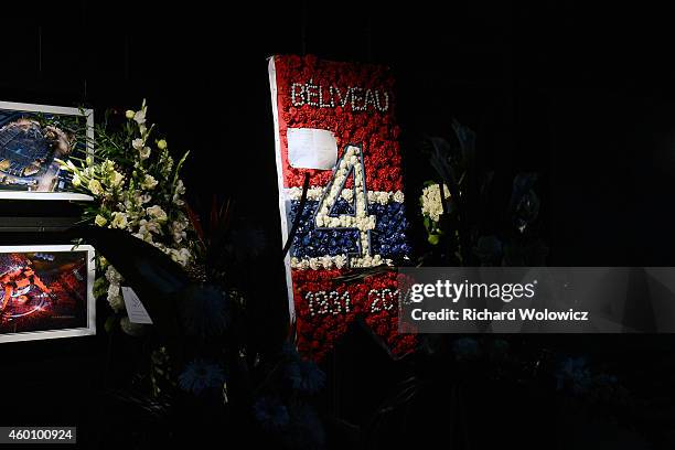 Flowers line the hallways of the Bell Centre during the public viewing of former Montreal Canadiens Jean Beliveau at the Bell Centre on December 7,...