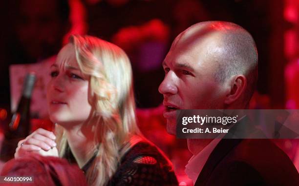 Arjen Robben and his wife Bernadien Robben attend the FC Bayern Muenchen christmas party at Schuhbeck's Teatro restaurant on December 7, 2014 in...