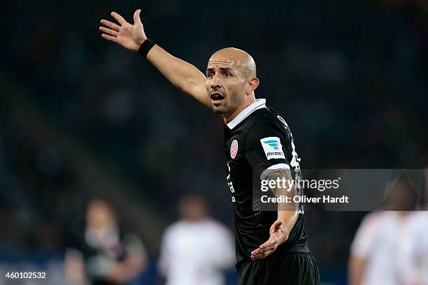 Elkin Soto of Mainz reacts during the First Bundesliga match between Hamburger SV and 1. FSV Mainz 05 at Imtech Arena on December 7, 2014 in Hamburg,...