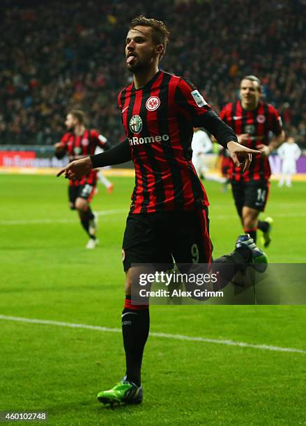 Haris Seferovic of Frankfurt celebrates his team's second goal during the Bundesliga match between Eintracht Frankfurt and SV Werder Bremen at...