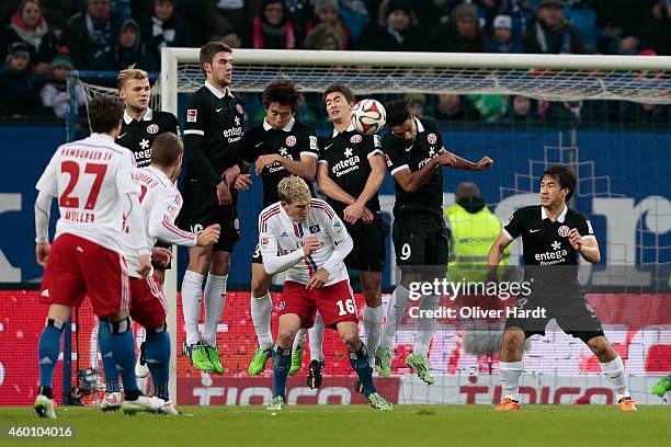 Pierre Michel Lasogga of Hamburg during the First Bundesliga match between Hamburger SV and 1. FSV Mainz 05 at Imtech Arena on December 7, 2014 in...