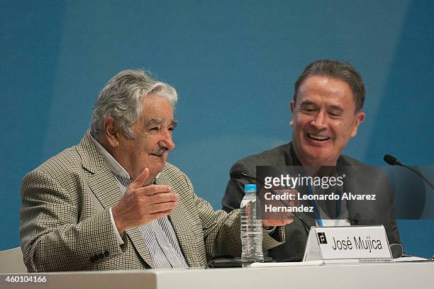 Uruguayan Pesident Jose Mujica speaks during an interview with journalist Ricardo Rocha as part of Guadalajara International Book Fair on December...