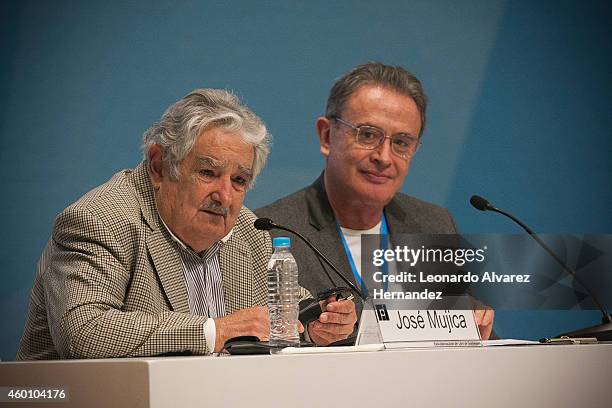 Uruguayan Pesident Jose Mujica speaks during an interview with journalist Ricardo Rocha as part of Guadalajara International Book Fair on December...