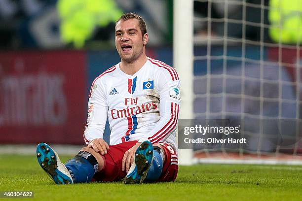 Pierre Michel Lasogga of Hamburg appears frustrated during the First Bundesliga match between Hamburger SV and 1. FSV Mainz 05 at Imtech Arena on...