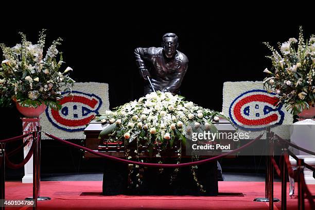 The casket of former Montreal Canadiens player Jean Beliveau at the Bell Centre on December 7, 2014 in Montreal, Quebec, Canada. Beliveau died Dec. 2...