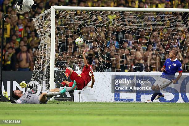 Vo Huy Toan of Vietnam scores against Khairul Fahmi of Malaysia during the 2014 AFF Suzuki Cup semi final 1st leg match between Malaysia and Vietnam...