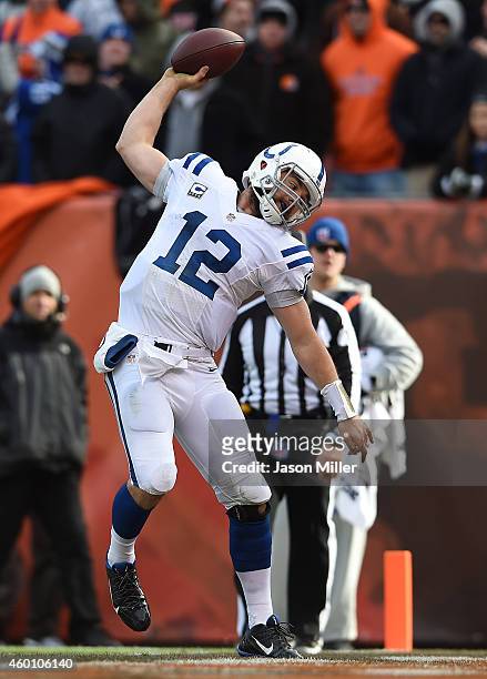 Andrew Luck of the Indianapolis Colts celebrates his touchdown during the second quarter against the Cleveland Browns at FirstEnergy Stadium on...
